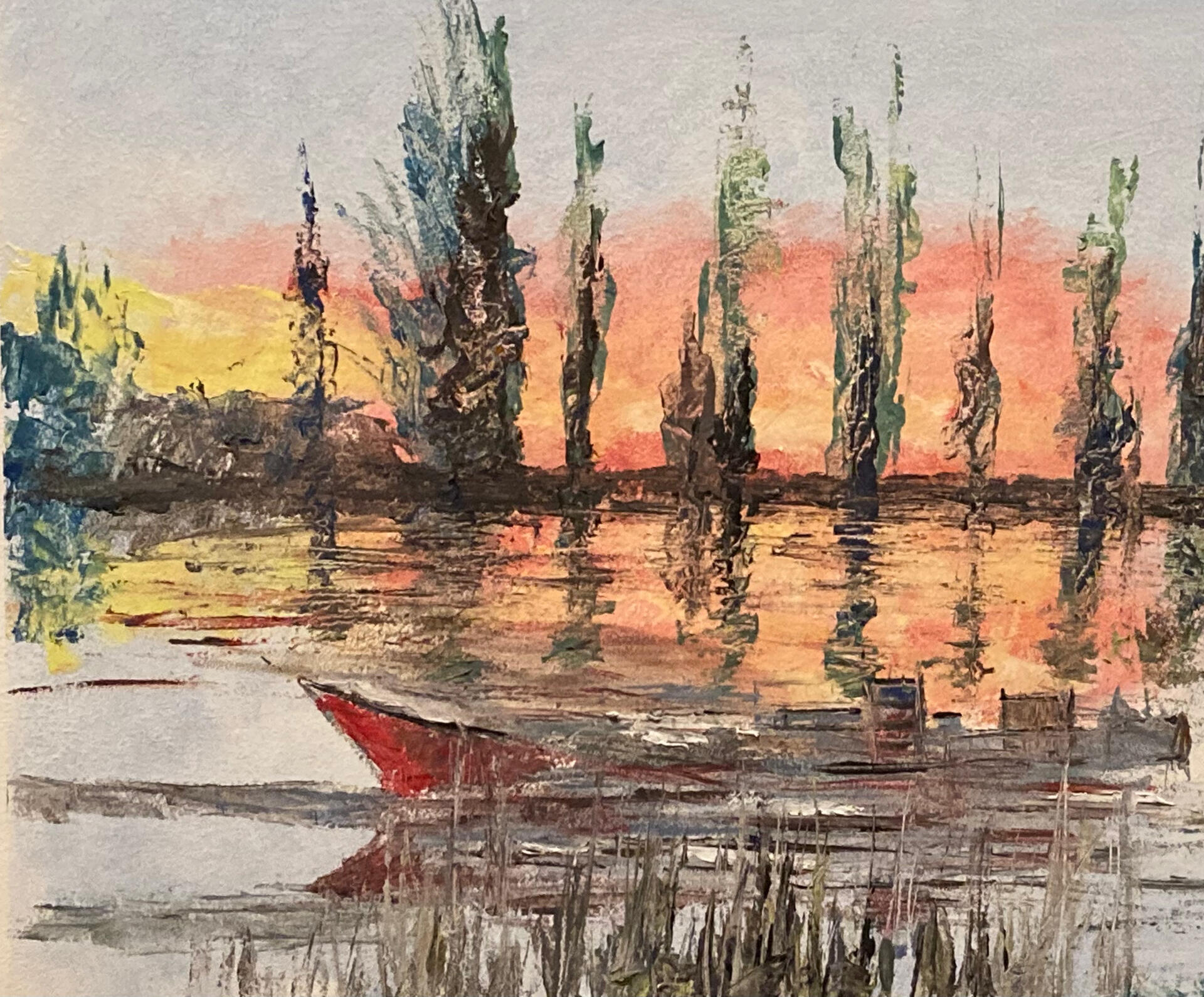 Peinture à l'huile. Devant un ciel gris claire illuminés du jaune-orange d'un lever de soleil, des peupliers foncé se dressent. Leur reflèt dans le lac est intérrompu par la pointe d'une coque de bateau rouge, on le reste à coulée.