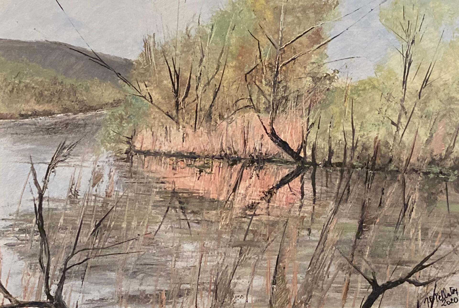 Peinture à l'hulie aux couleures pastel représantant une rivère aux rives naturel faisant un virage. Des herbes et des arbres biscornus au troncs noirs orne ses rives. la rivière est calme, le ciel gris. L'image rappelle un début d'automne.