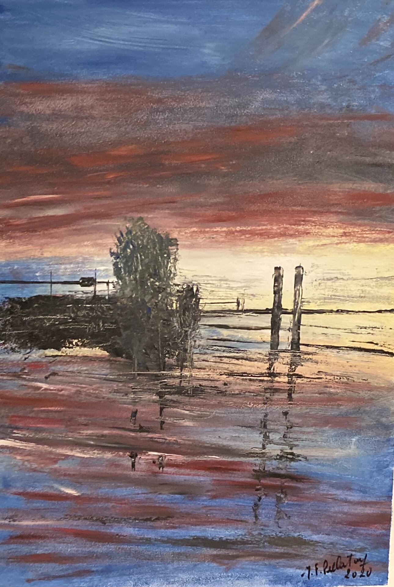 Peinture à l'huile. La silouette foncé d'un embarcadaire avec un arbre qui avance sur le lac et se déssine devant un ciel du crépuscule. Le ciel passe d'un bleu foncé à un rouge foncé, puis à un jaune claire, avant que le toute se refète dans l'eau du lac.