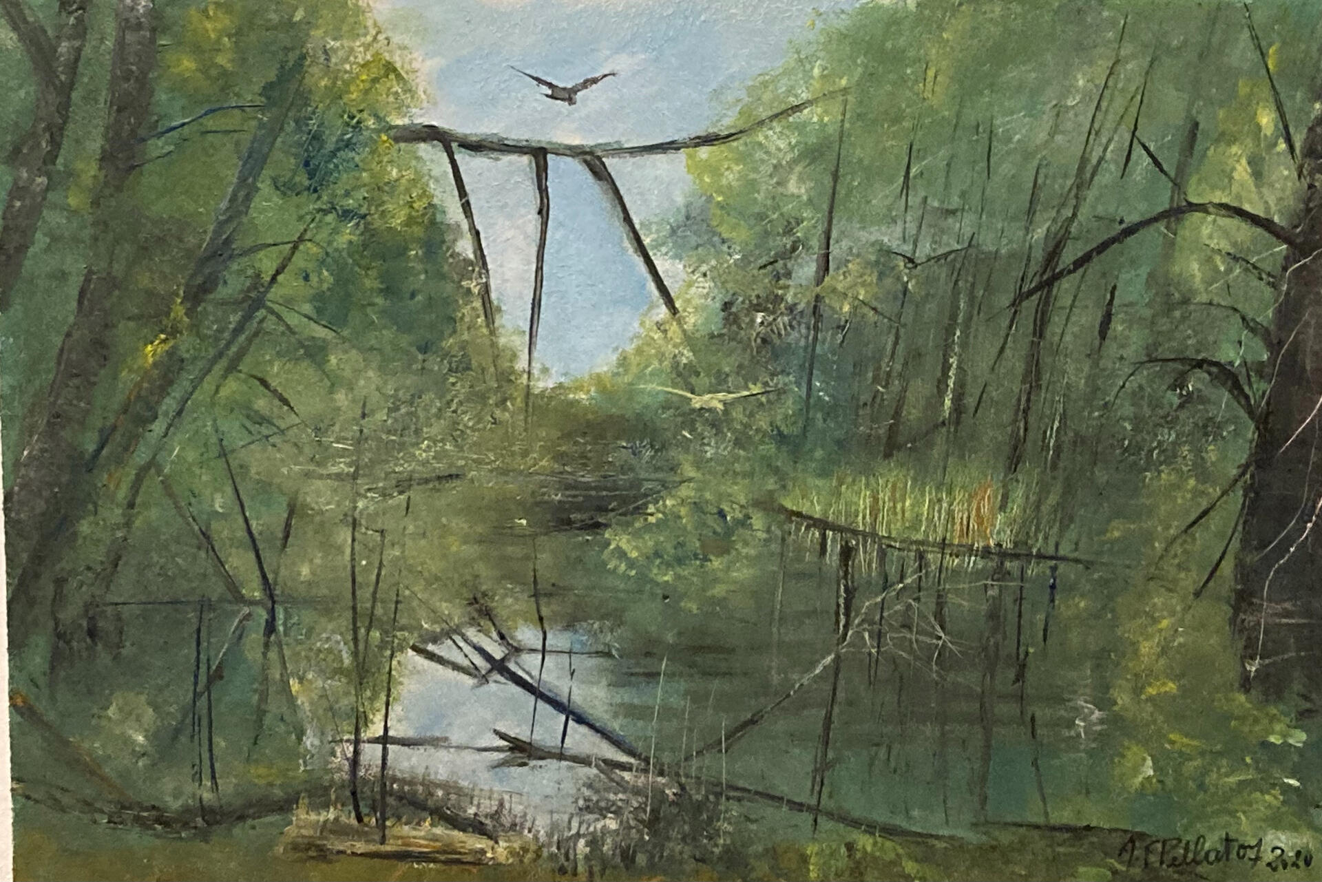 Peinture à l'huile d'un paysage très vert et sauvage. Au centre, l'eau d'une rivière stagnante et marécageuse, bordée d'arbres tordus et de longues branche tombantes, rappelant des lianes. Une tache de ciel bleu avec un oiseau se reflète dans l'eau calme.